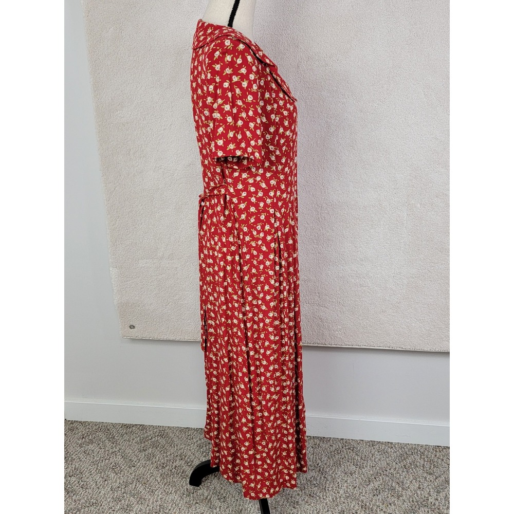 Vintage Sara Campbell Red Floral Midi Dress Petite 8P Button Front Rayon - Picture 11 of 14